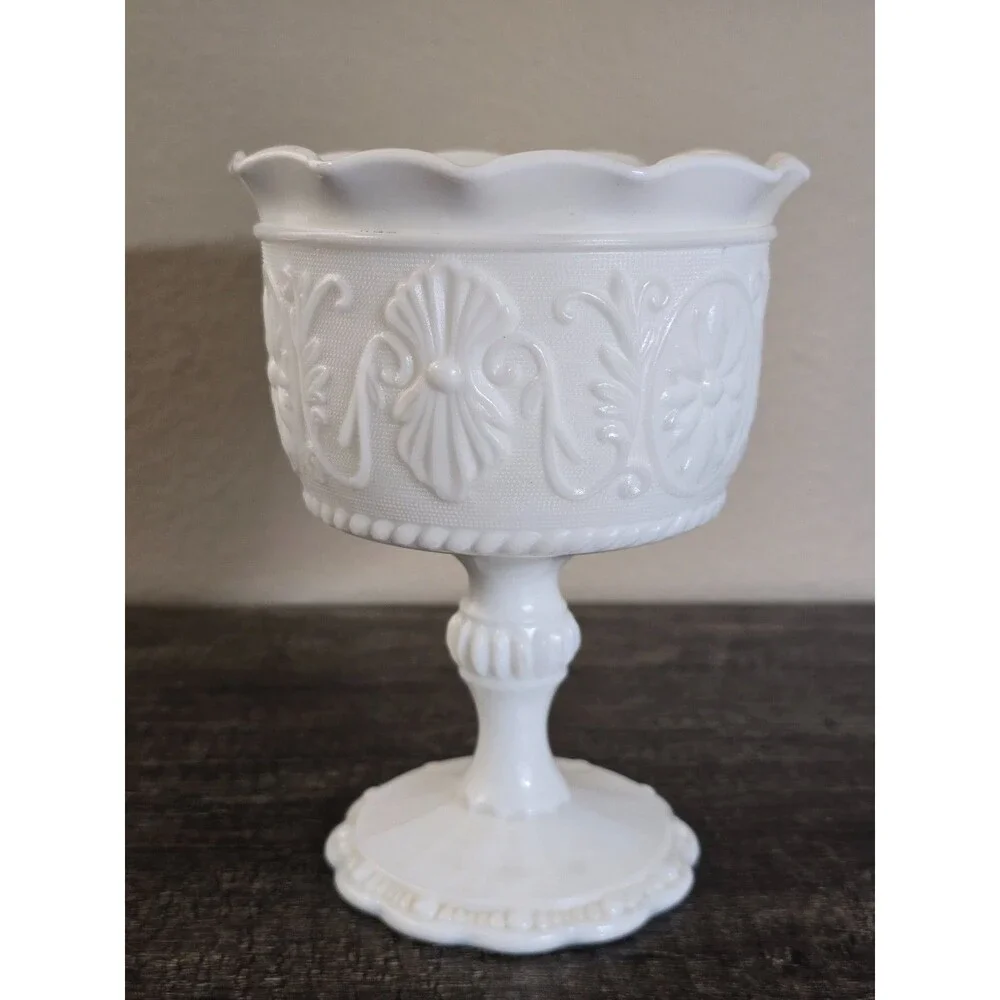 Vintage Indiana Milk Glass Pedestal Compote Floral Medallion Daisy Flat Edge
